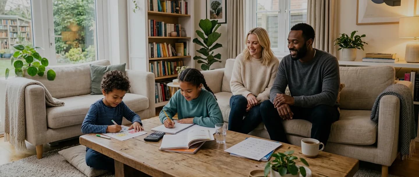 Happy family using the Chorlio chore app together at home